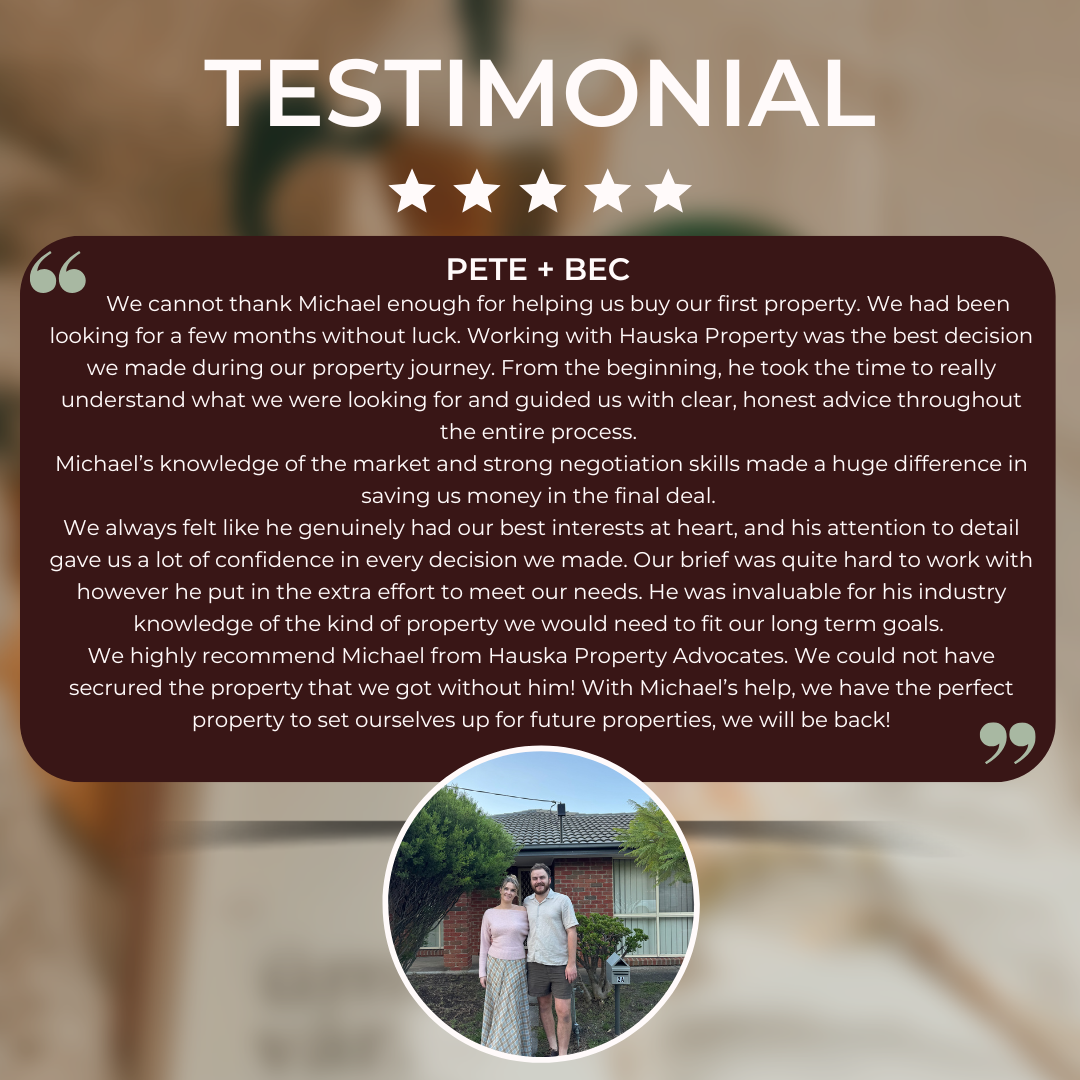 A testimonial graphic with a 5-star rating, a written customer review, and a photo of a smiling couple standing outside their house.