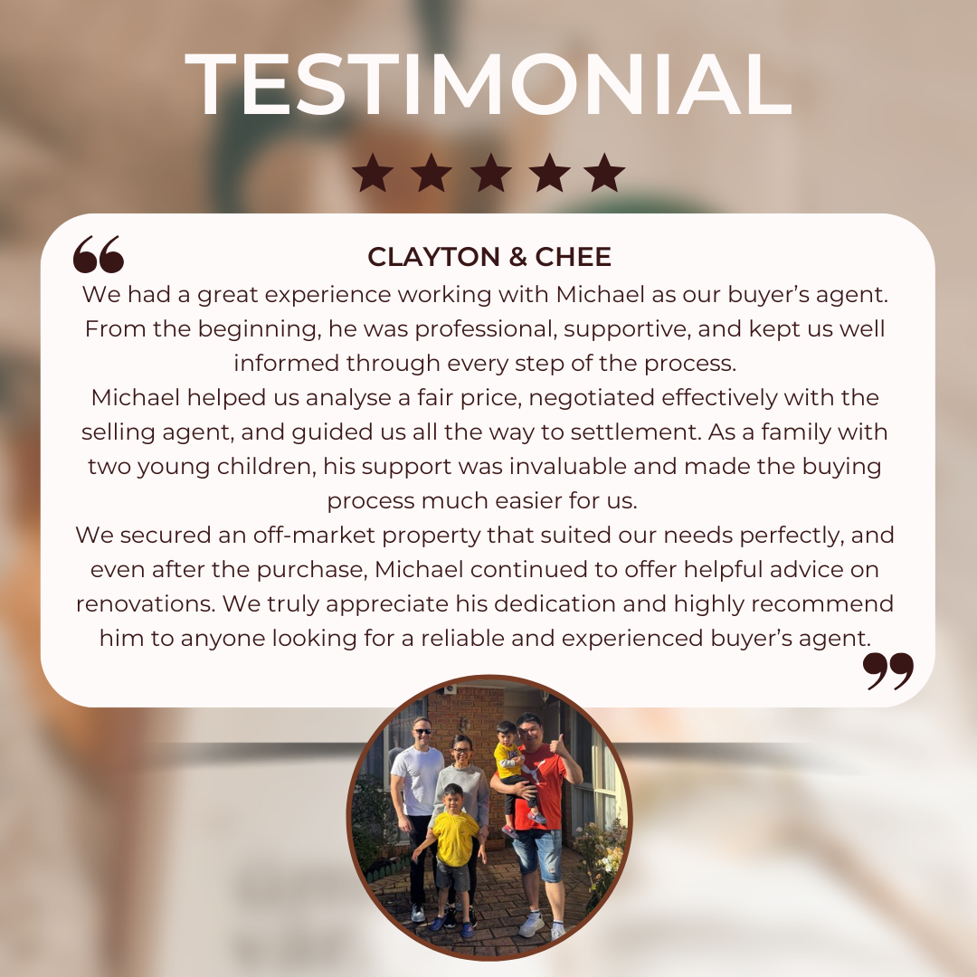 Testimonial with five stars, a positive review from Clayton and Chee about working with Michael as a buyer’s agent, a smiling family photo at the bottom showing five people outside a house.