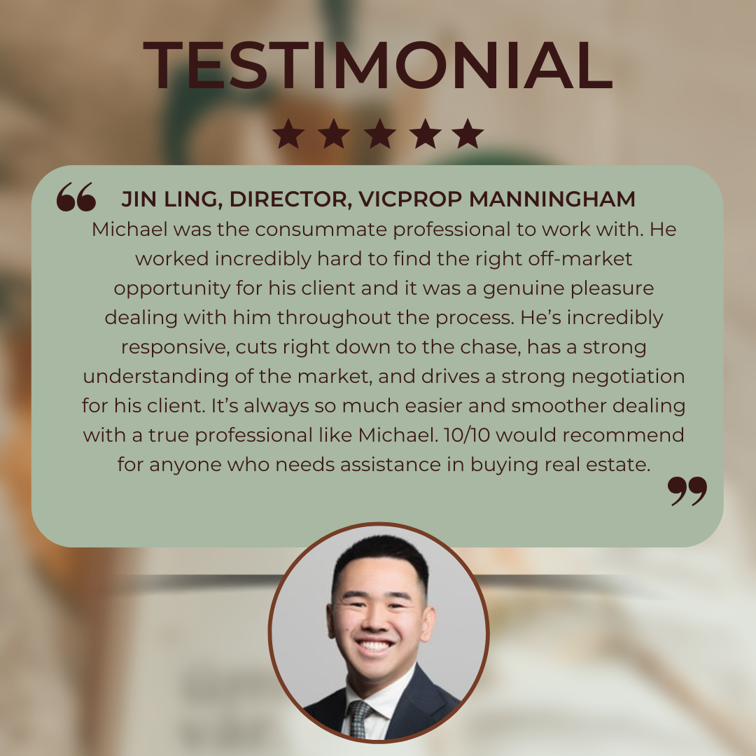 Testimonial graphic with five-star rating, a quote from Jin Ling, Director at Vicprop Manningham praising Michael for his professionalism in real estate, and a professional headshot of Michael at the bottom.
