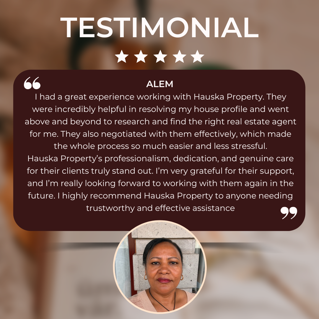 A testimonial graphic with a five-star rating, a quote praising Hauska Property, and a photo of a woman with dark hair, wearing a light pink top, in front of a brick wall.