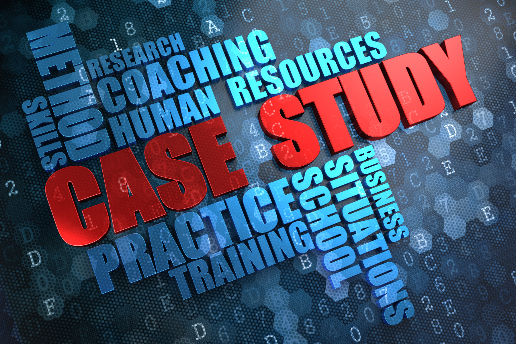 A digital graphic with words related to education, research, and training, emphasizing the phrase 'CASE STUDY' in large red letters in the center.