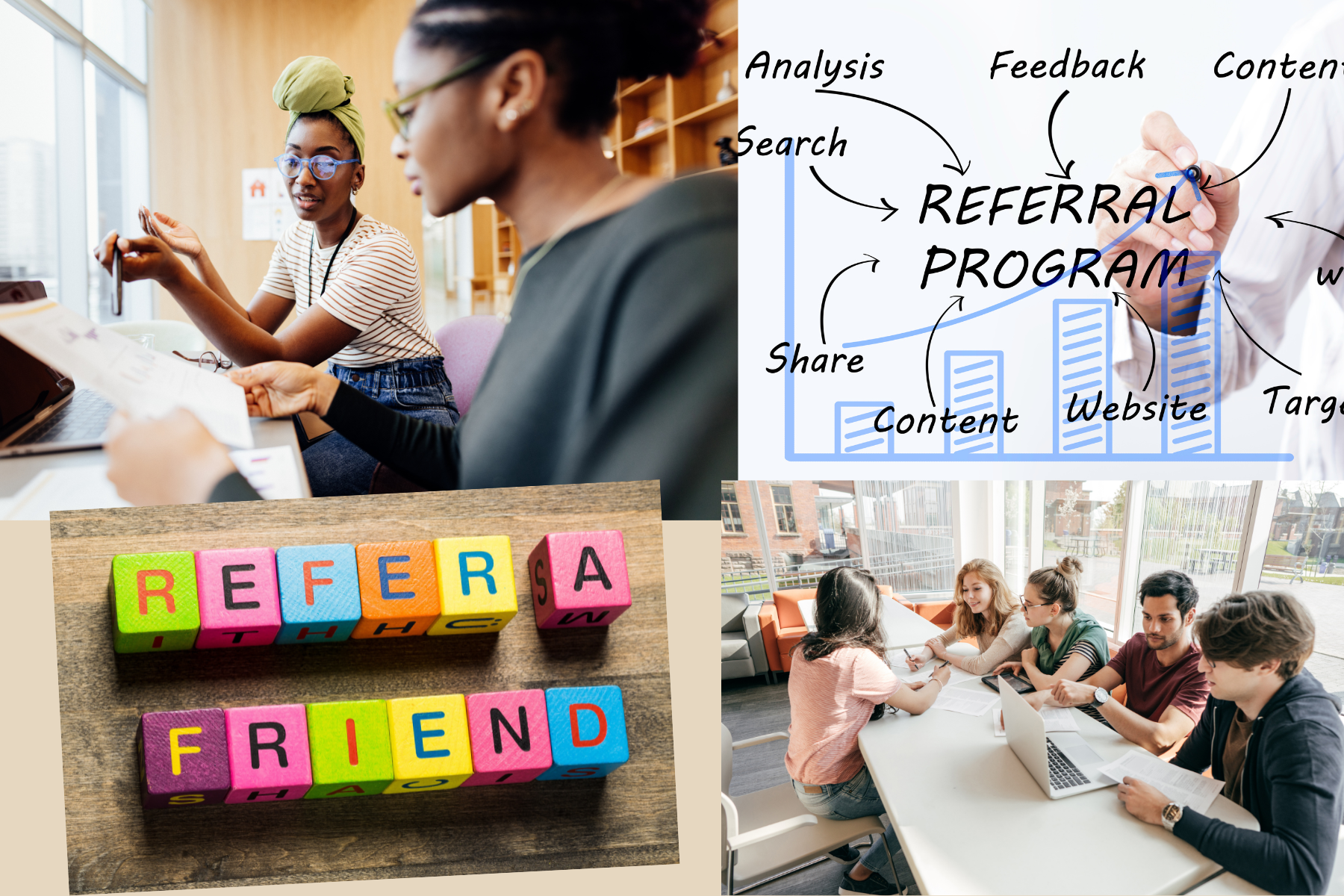 Collage featuring two women discussing documents, a word cloud diagram on referral programs, colorful blocks spelling 'Refer a Friend', and a group of people collaborating at a table.