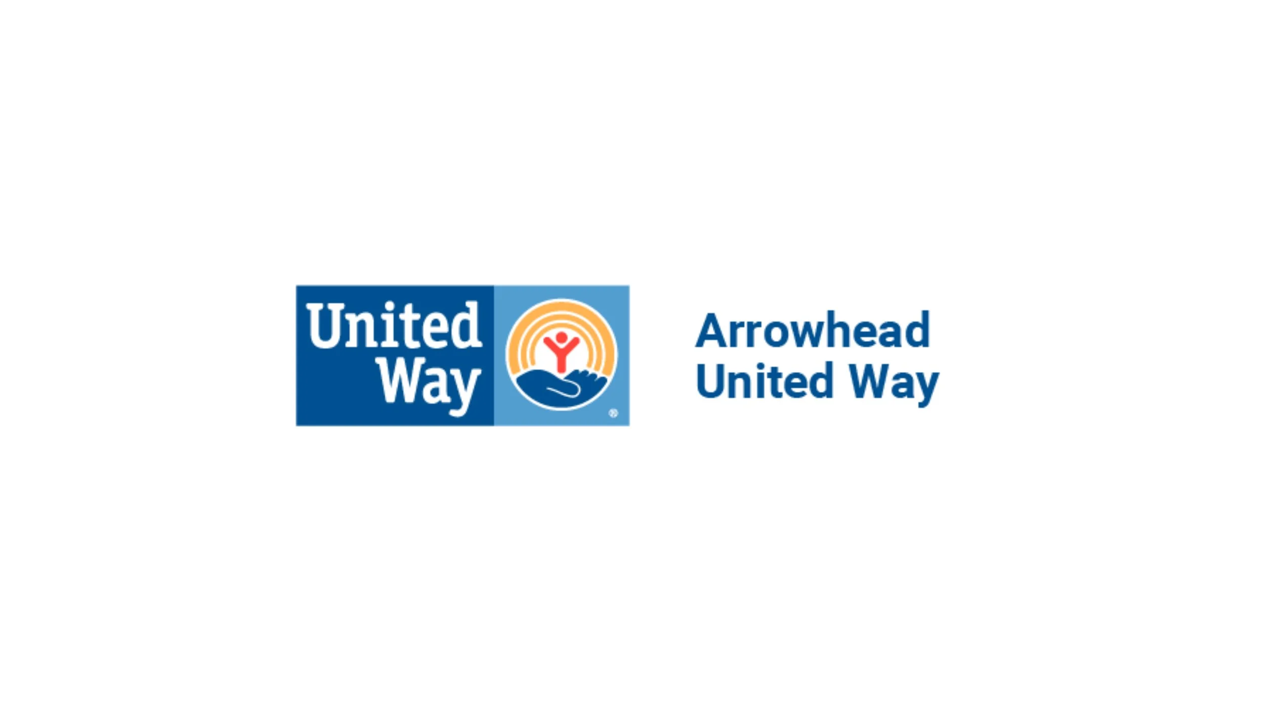 United Way Arrowhead United Way logo with blue and light blue blocks, a hand holding a figure with raised arms, and text