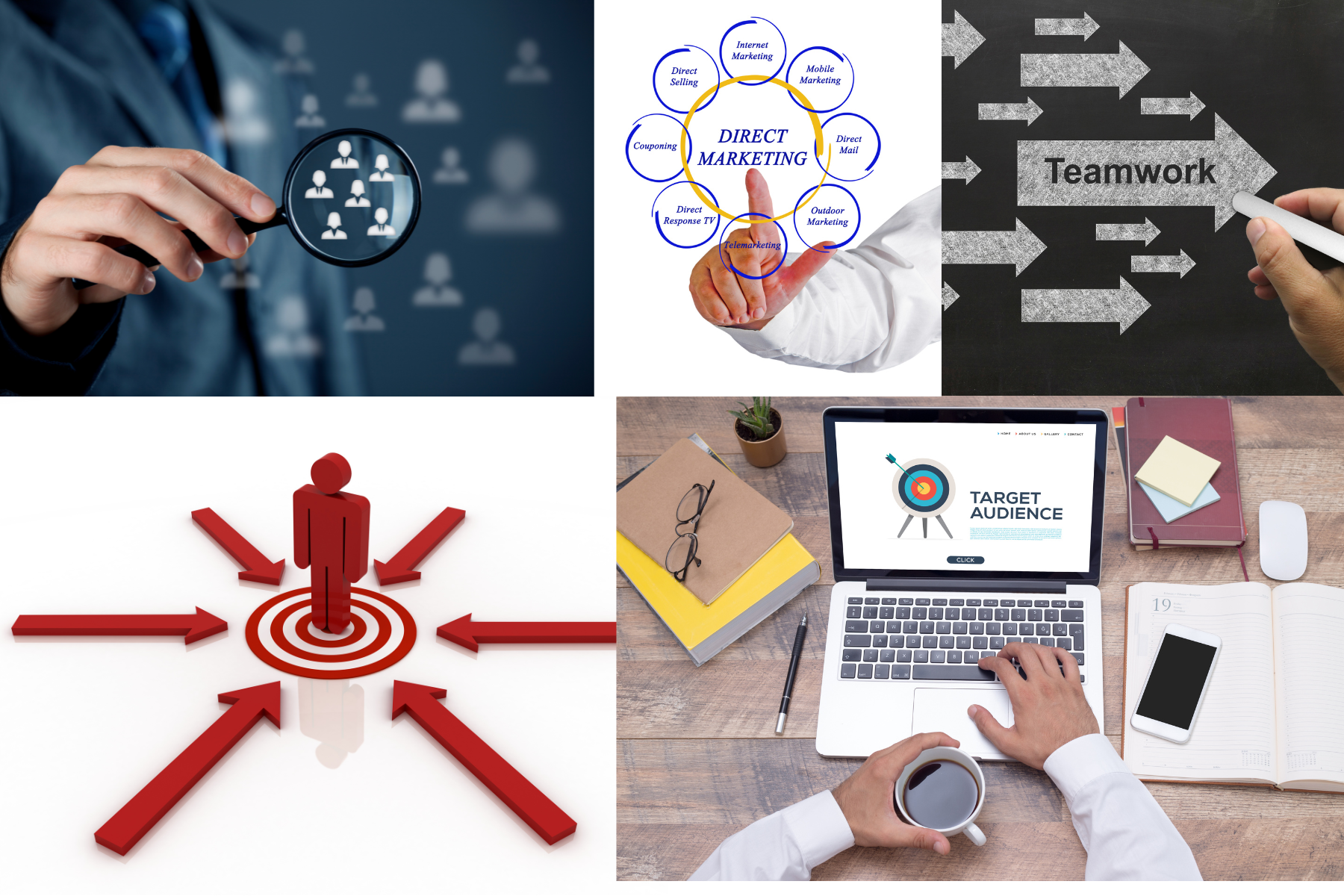 Collage of images representing marketing strategies and teamwork. Includes magnifying glass focusing on icons of people, diagram illustrating direct marketing methods, arrows pointing to a central figure, laptop displaying 'Target Audience,' and chalkboard with 'Teamwork.'