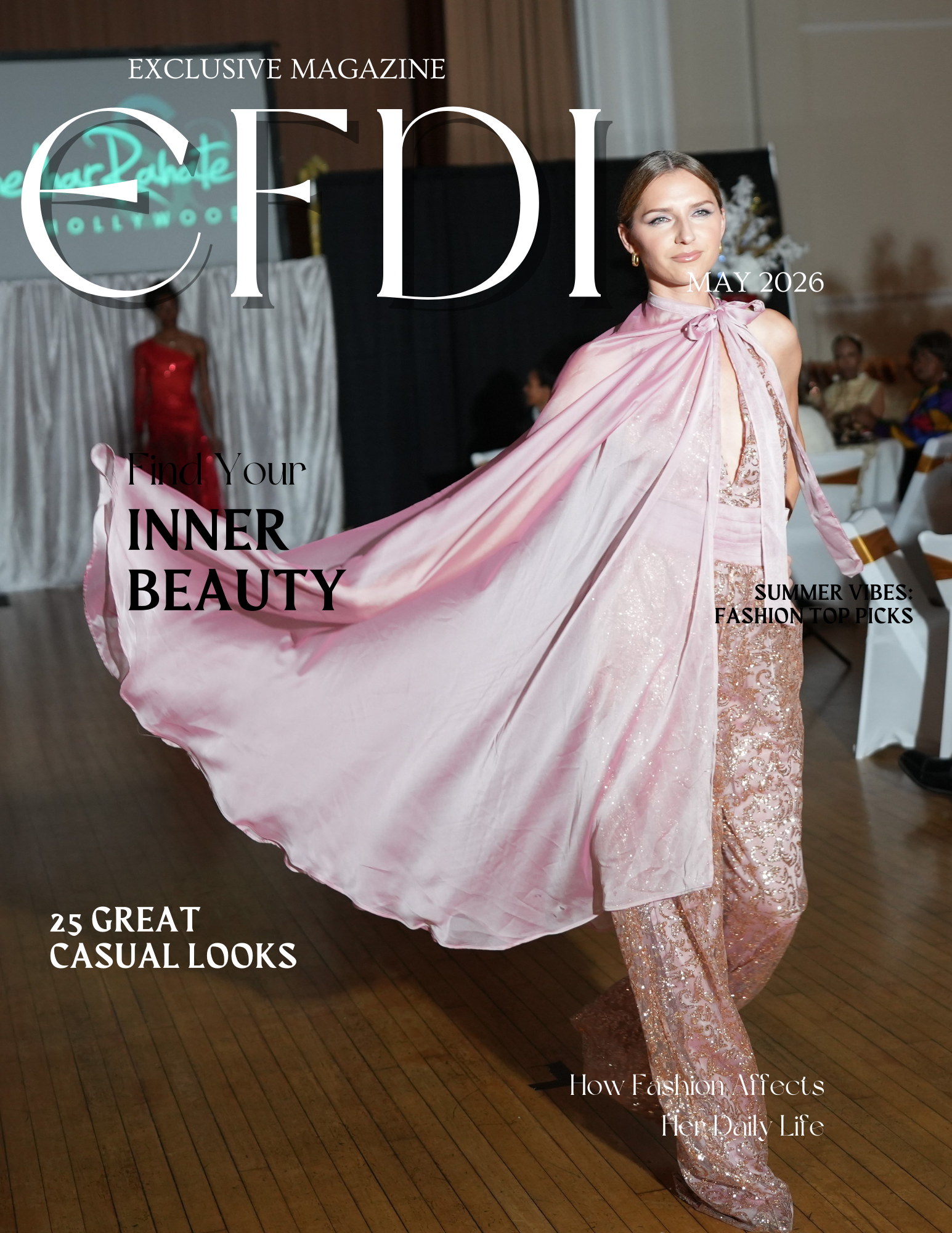 Fashion magazine cover featuring a model in a pink flowing outfit on a runway.