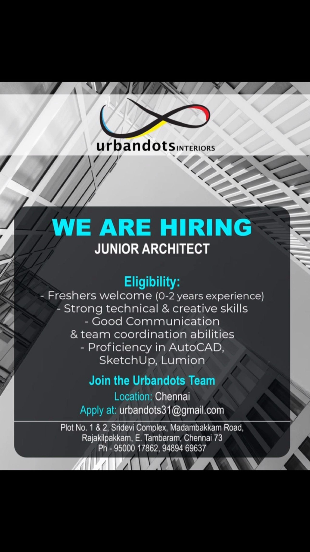 We’re growing, and we want you with us!
Urbandots is looking for Junior Architects, Interior Designers, and Site Supervisors to join our team. Freshers welcome!
If you’re passionate about design, detail-oriented, and ready to build beauti