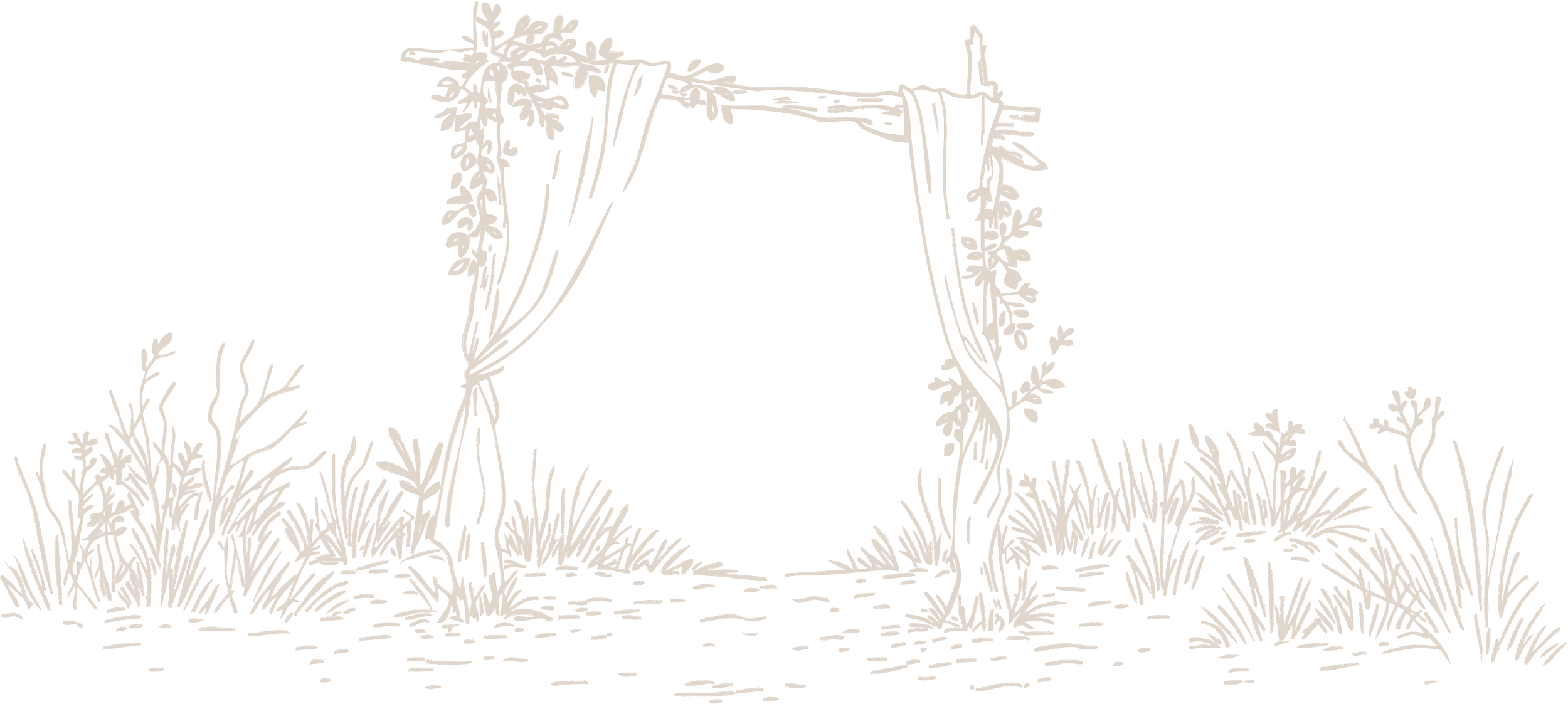 Sketch of a rustic arch draped with fabric and vines, surrounded by grass and plants.