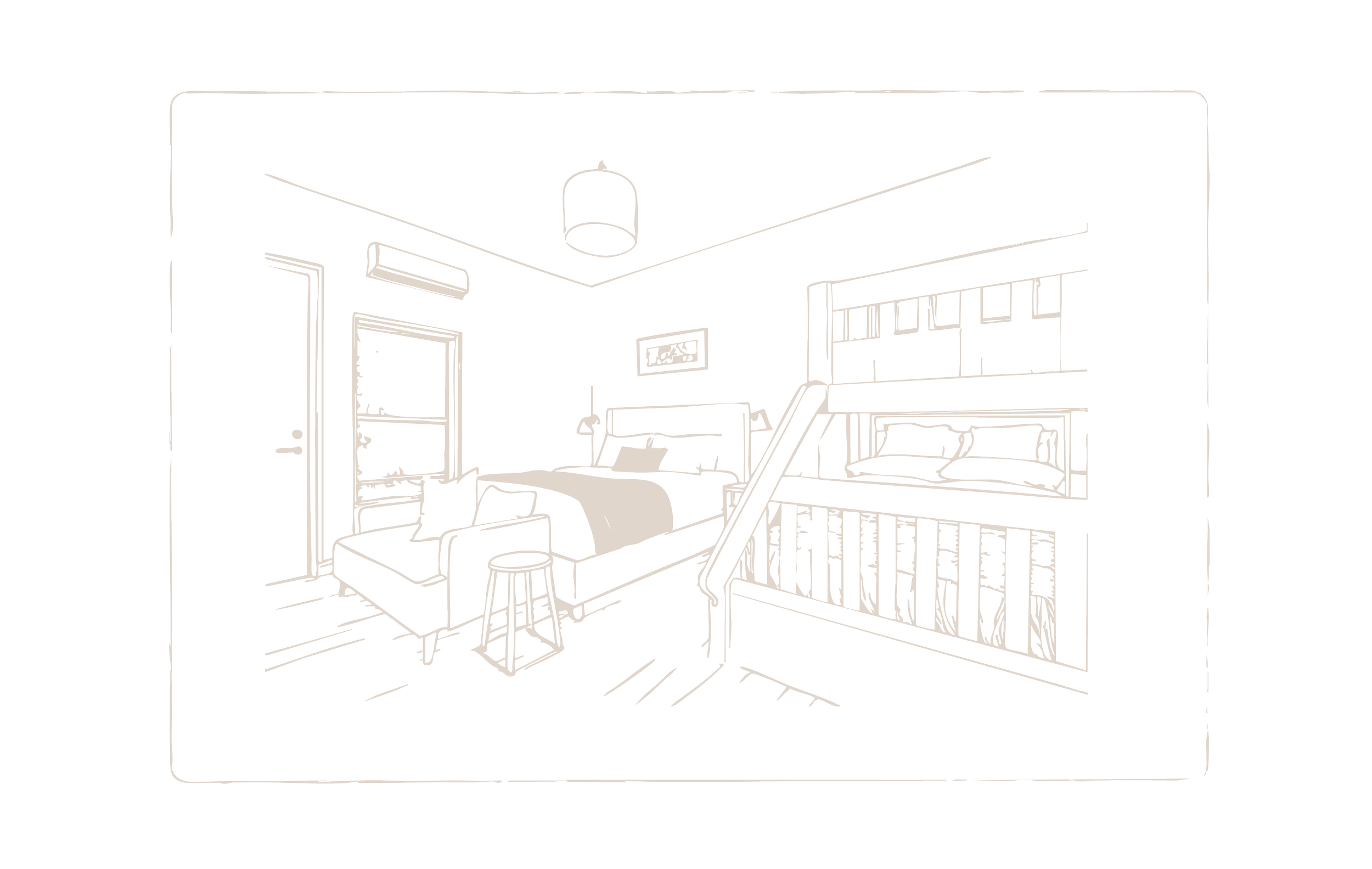 Sketch of a bedroom interior with a large bed, bunk beds, a chair, and a lamp.