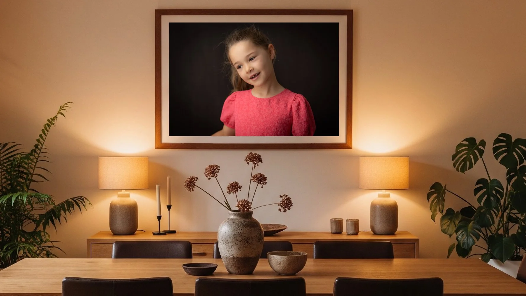 Living room with a framed photo of a young girl in a pink dress on the wall, two table lamps, a wooden sideboard with decorative vases and plants, and a wooden dining table with bowls and cups.