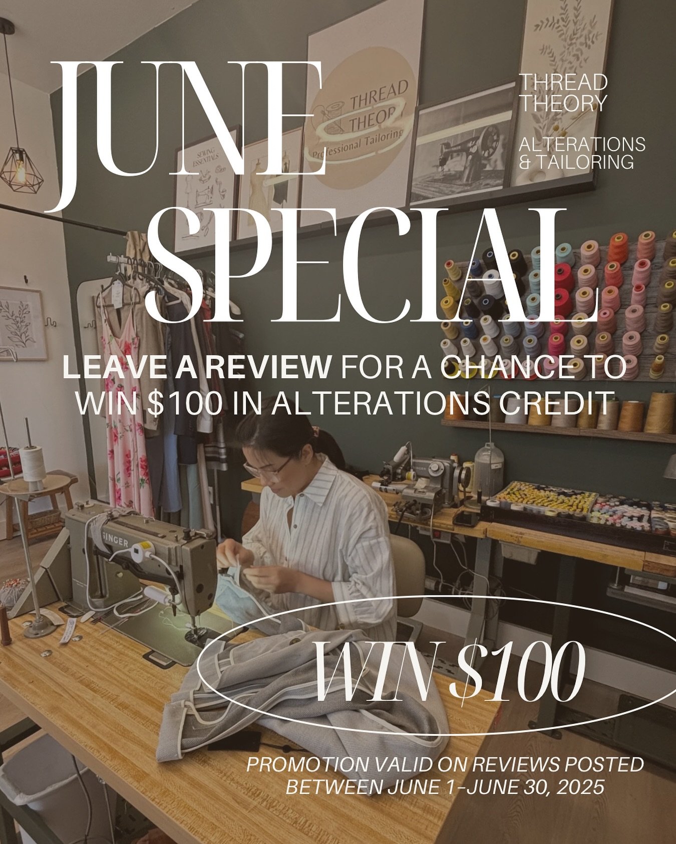 JUNE SPECIAL 🤗 Leave us a review and you could WIN $100 in alterations credit! 

Promotion valid for reviews posted between June 1 - June 30. Each review = 1 entry

Winners will be announced June 15 and June 30!

Visit Us:
📍 607 W Dana St, F, Mount
