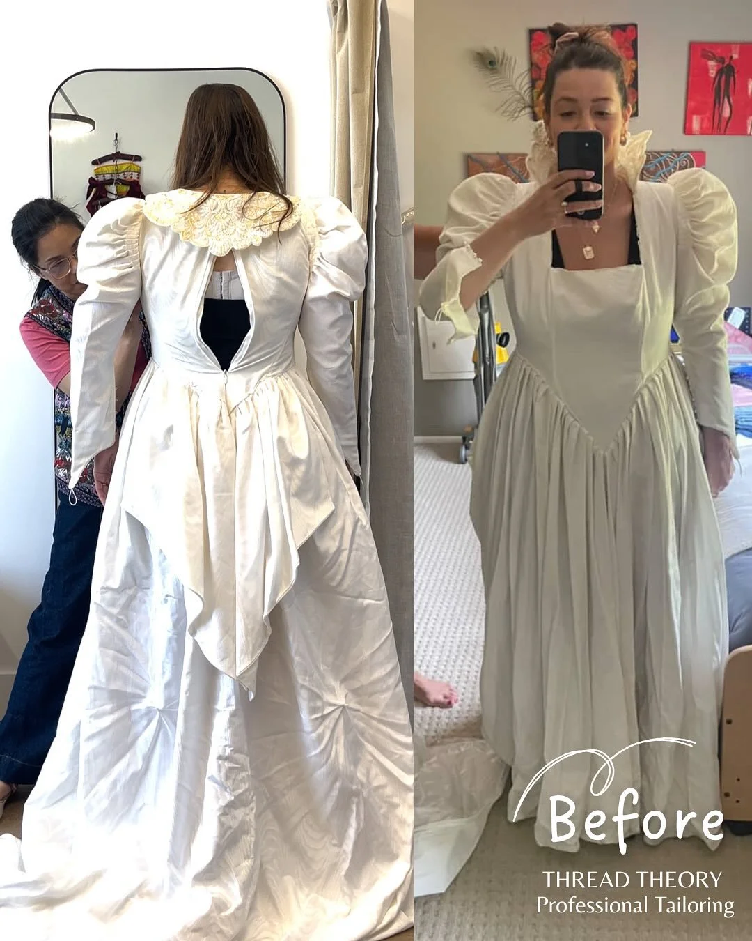 Our client asked us to redo her mom&rsquo;s wedding dress into a rehearsal dress. She provided an inspo of what she&rsquo;d like the dress to look like. We took measurements then... VOIL&Agrave; a beautiful rehearsal dress that she loves! 🤗

We&rsqu