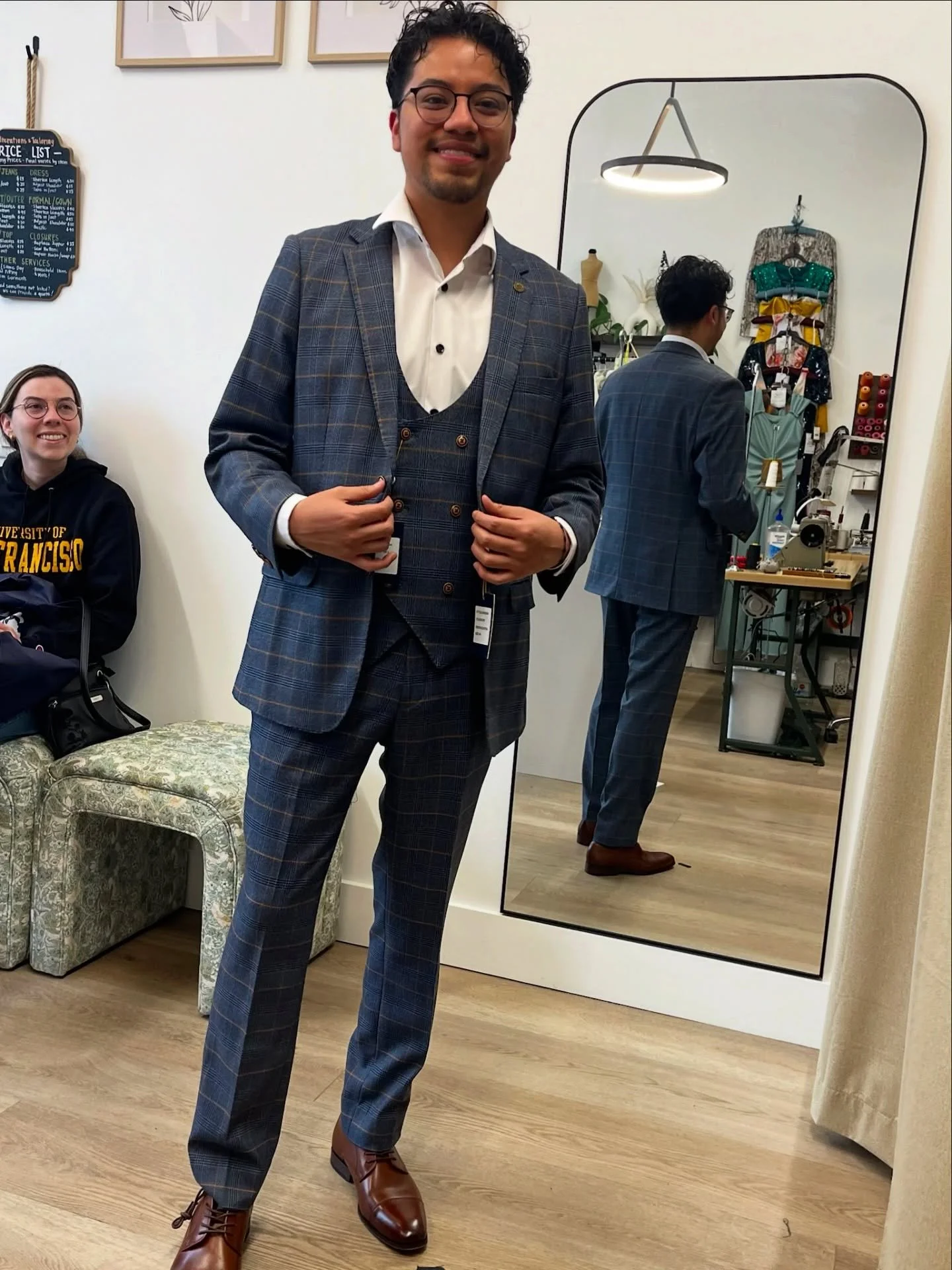 We altered 2 suits for this Groom-to-be! 

Alterations completed: narrowed shoulders, shortened sleeves, and took in body of jacket; shortened shoulders and took in vest; took in waist, tapered pants leg, and hemmed pants.

Now they both fit so well!