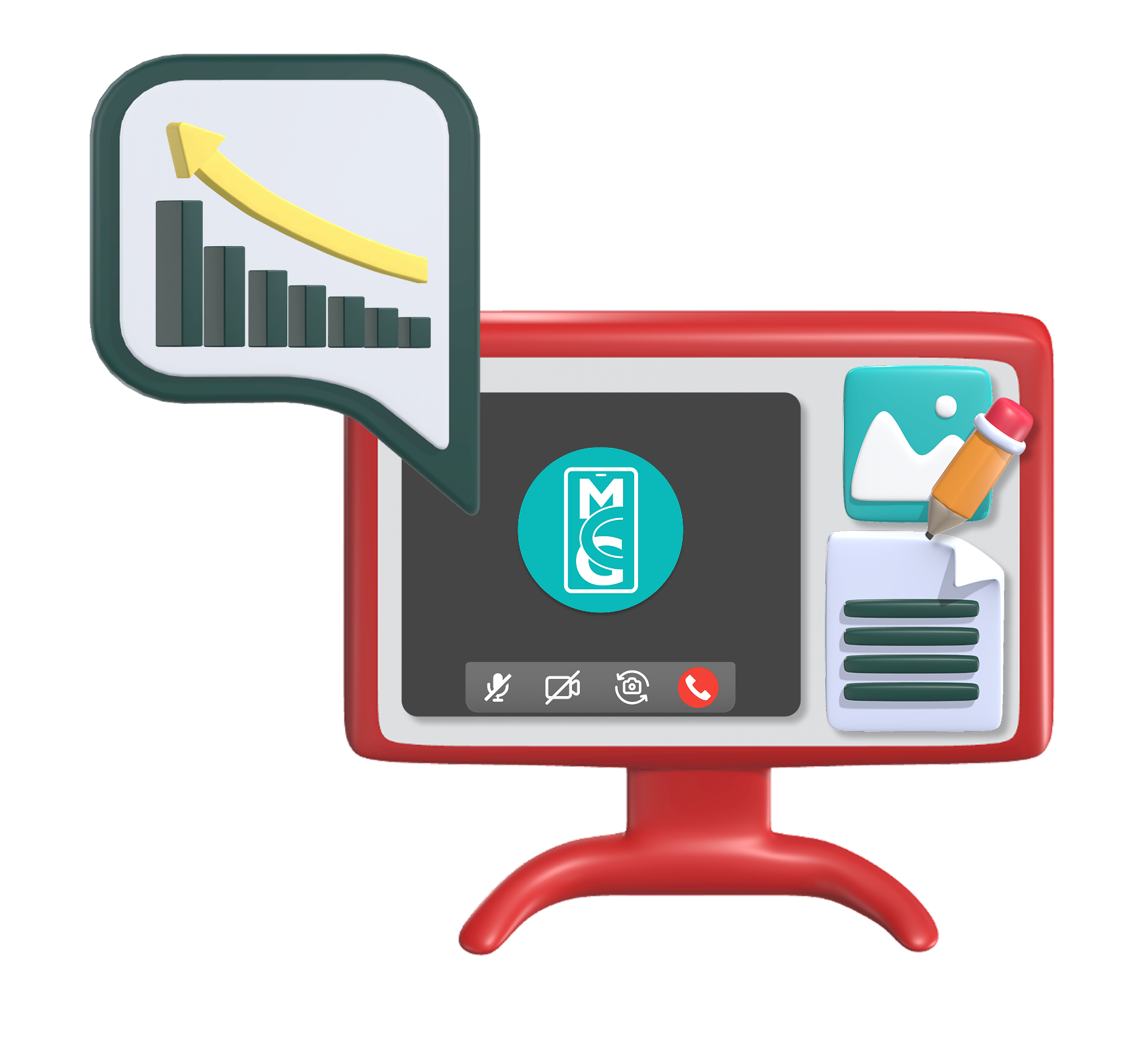 Illustration of a computer monitor displaying a chat bubble with a rising bar chart, a logotype with the letters 'MEC,' and icons for mute, video off, and call. A note and pencil are depicted on the side.