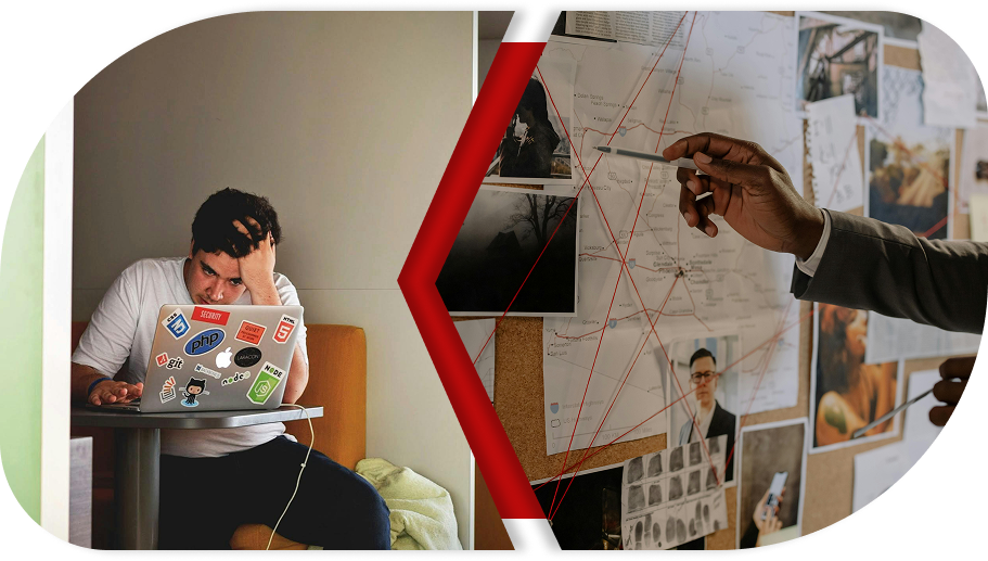 Man working on a laptop with various stickers, looking frustrated, next to a wall with a crime investigation board featuring red strings connecting photos and notes.