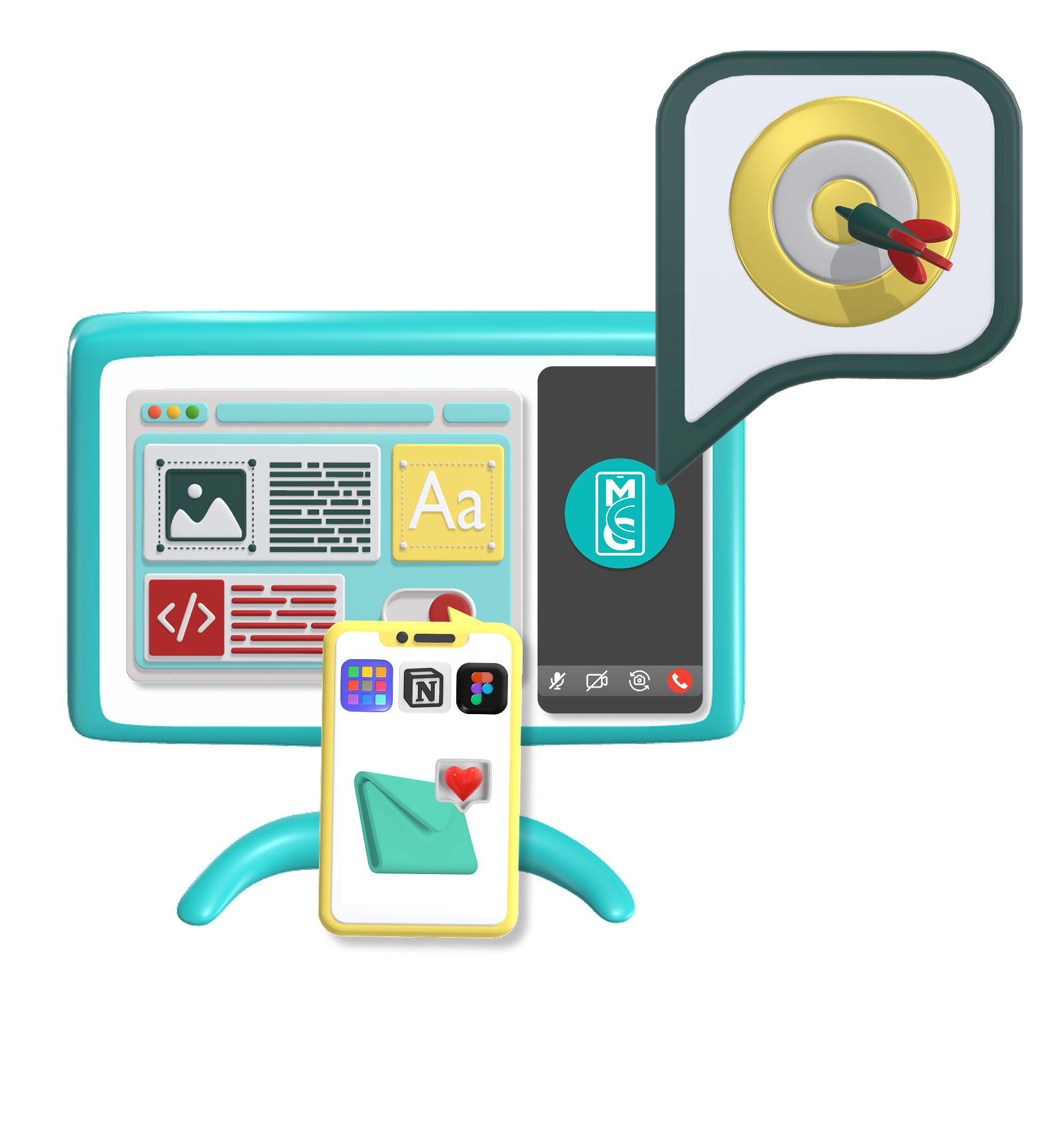 Illustration of a computer monitor displaying a web development interface with text, code, and image elements. A smartphone with app icons is in front of the monitor. A speech bubble with a target and arrows symbolizes communication or messaging.