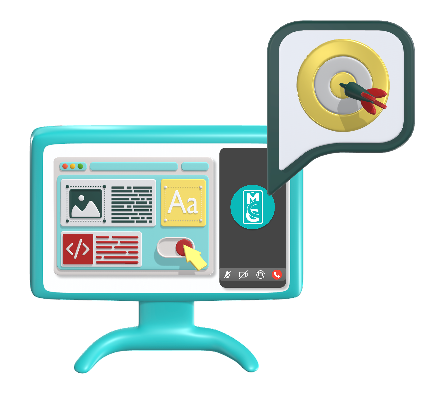 Illustration of a computer screen displaying web design elements including text, images, and code, with a toggle switch. A chat bubble with a target symbol overlays the screen, indicating focused or targeted content creation.
