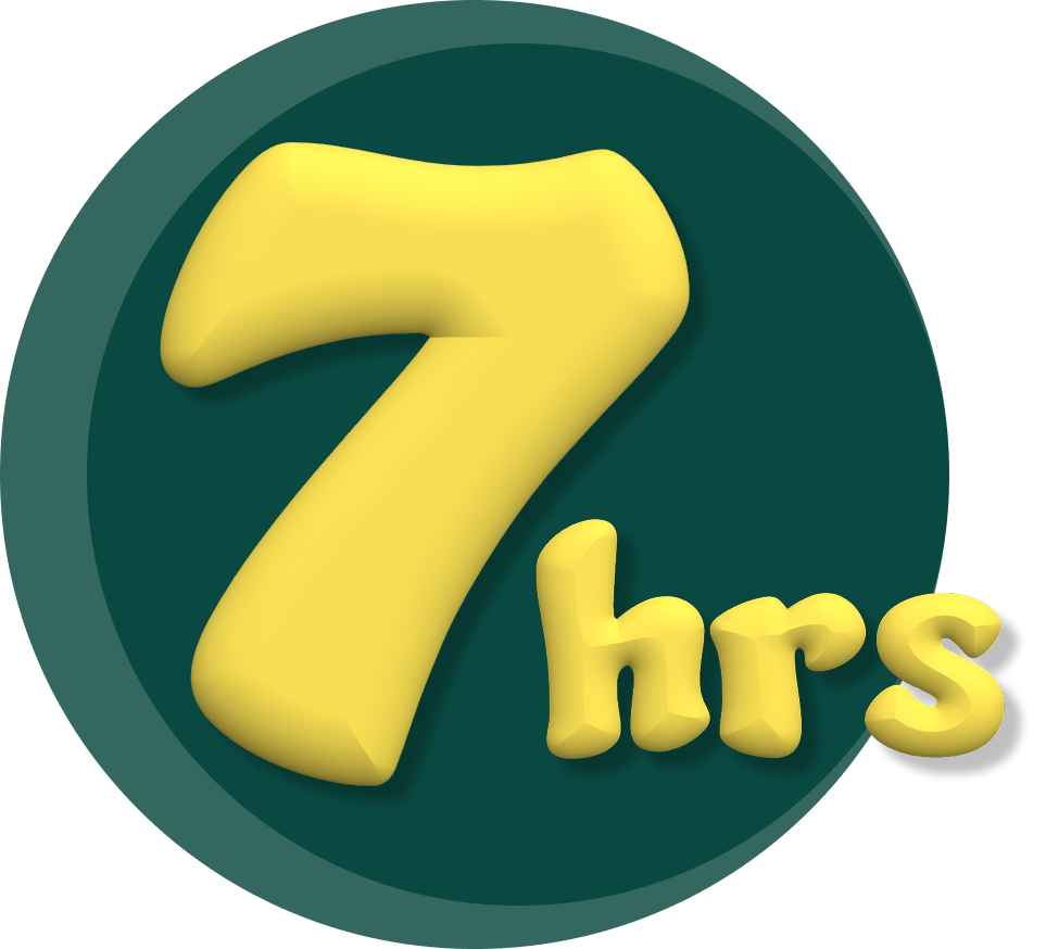 Yellow text "7 hrs" on dark green background