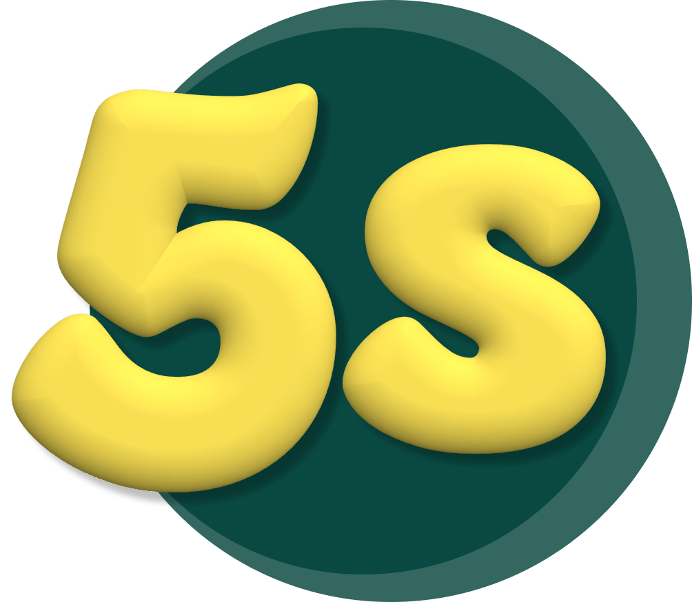 Yellow 3D "5S" letters on a dark green circle background