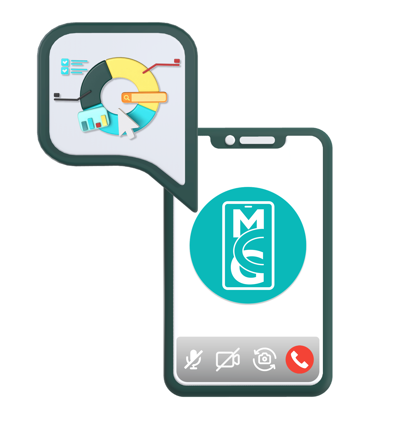 Illustration of a smartphone with a bubble showing a chart and analytics icons.