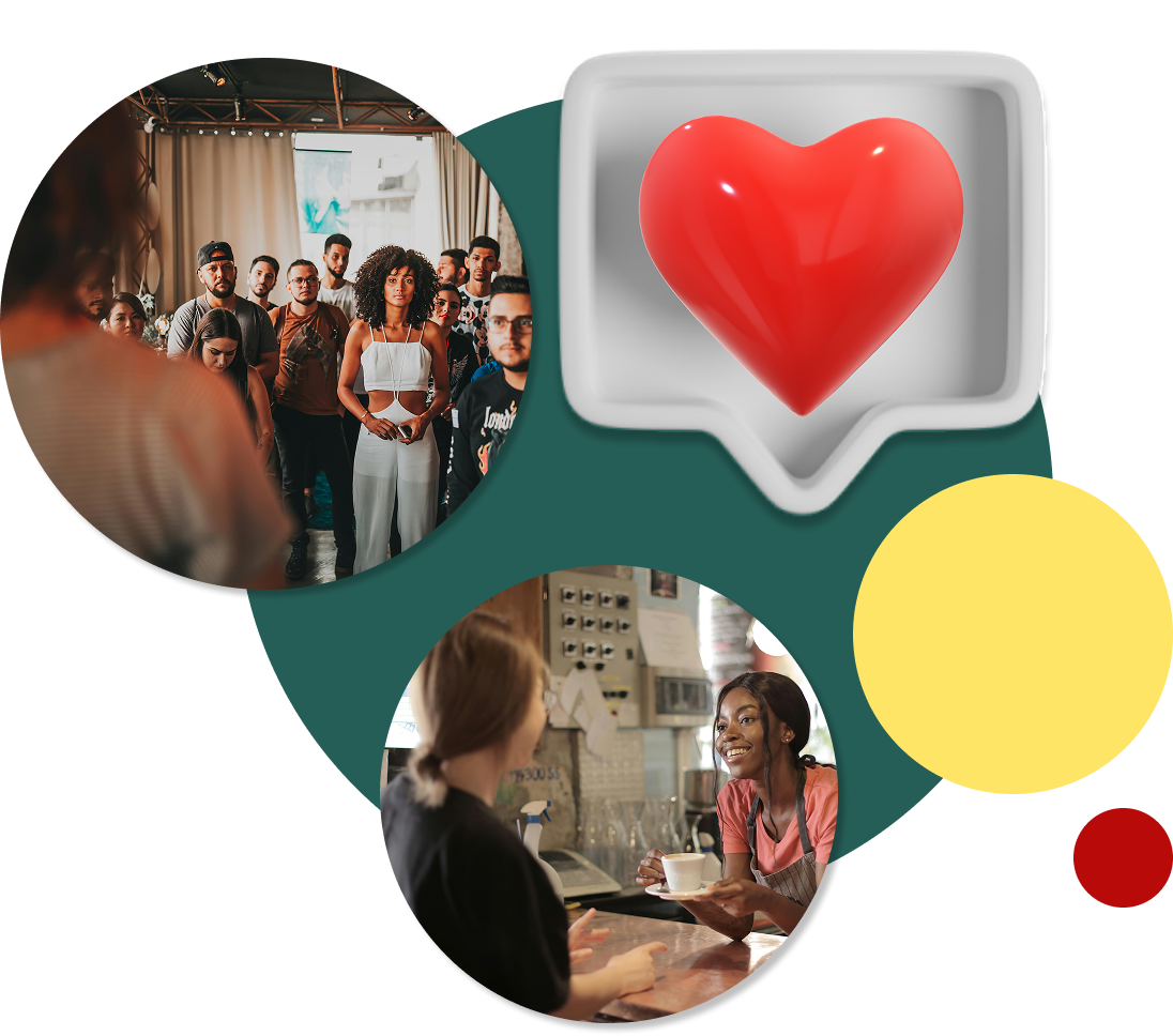 Collage with diverse group of people at an event, a barista serving coffee, and a red heart symbol in a chat bubble.