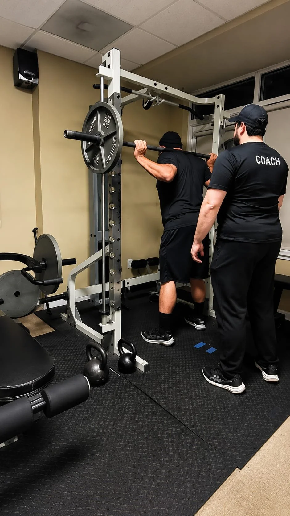 A man performs a squat exercise on a squat rack with an overseer standing nearby, both dressed in black workout clothes with 'Coach' written on the overseer's back, in a gym.