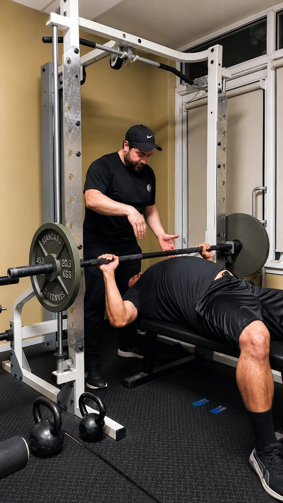 A man lying on a bench press, lifting a barbell with weights while another man stands beside him spotting and monitoring his lift in a gym.