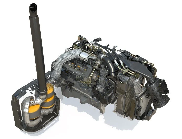 Diesel engine with exhaust system and filters, isolated on white background.