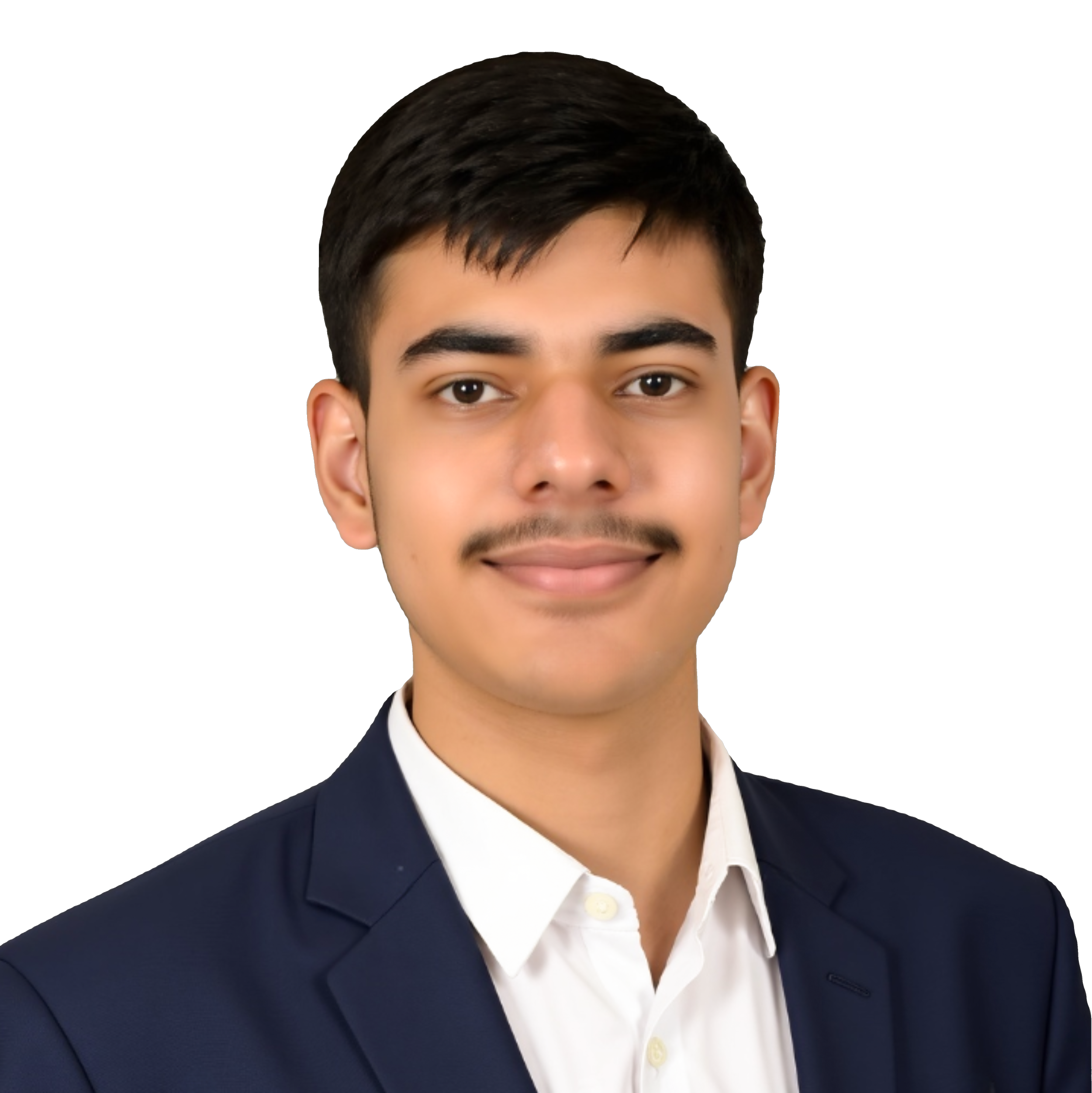 A young man with short dark hair, a mustache, wearing a navy blazer and white collared shirt, smiling in a professional portrait.