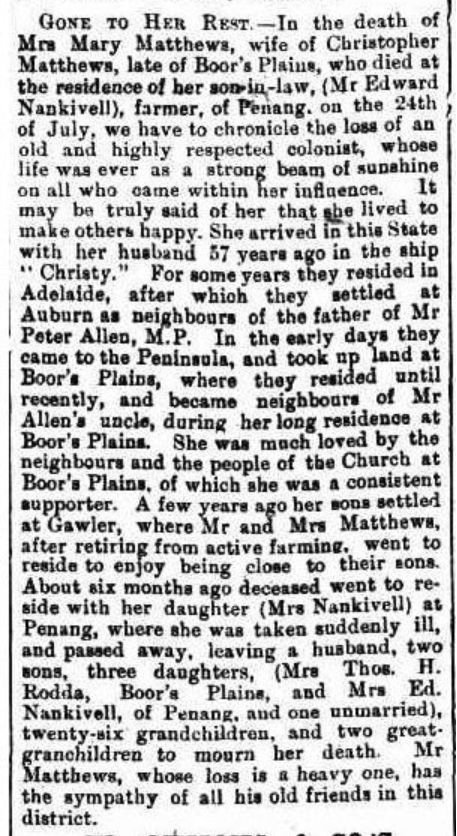Death Notice for Mary Matthews (nee Wearn)