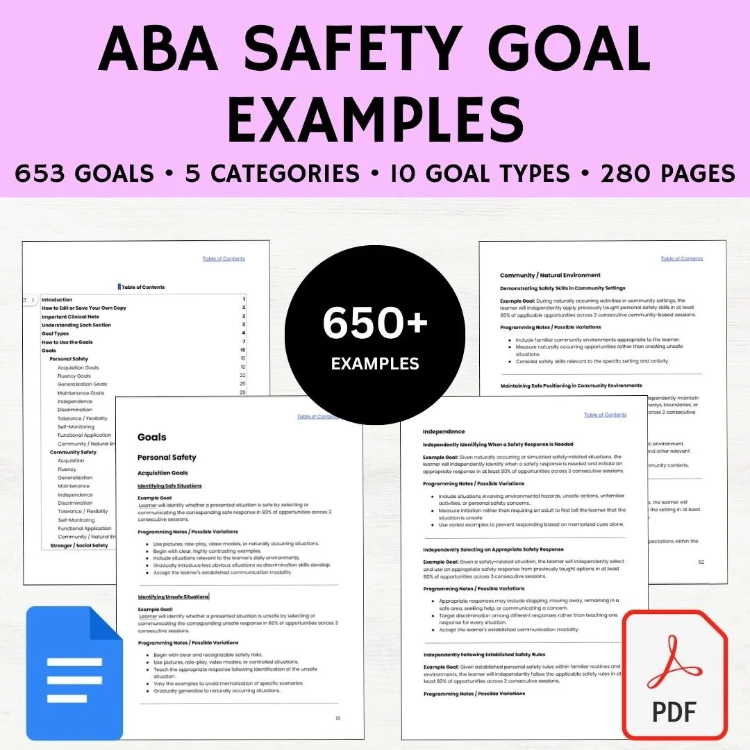 aba safety goals, aba safety instructions, aba community safety, aba goal bank, bcba goal bank, aba goal bank pdf