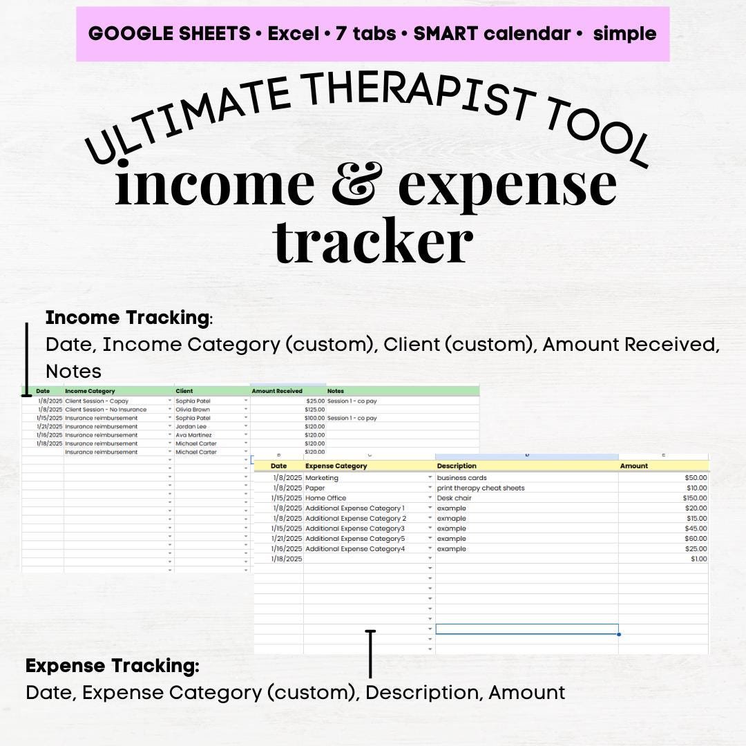 therapy digital planner therapist spreadsheet therapist session planner, therapy client tracker, therapy bookkeeping template