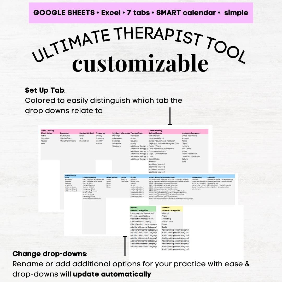 therapist session planner, therapy client tracker, therapy bookkeeping template, therapist client tracker, therapist tracker