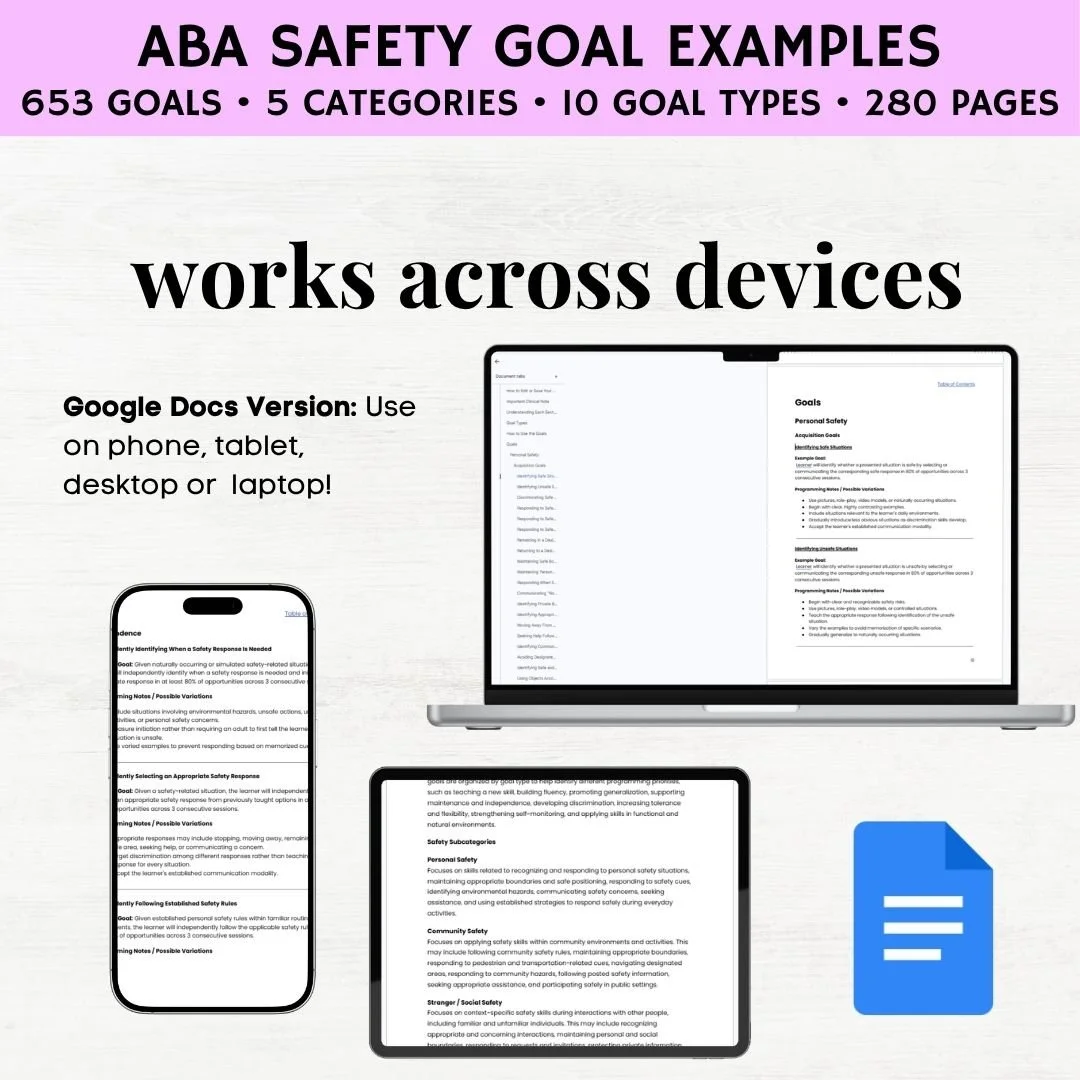 aba safety goals, aba safety instructions, aba community safety, aba goal bank, bcba goal bank, aba goal bank pdf
