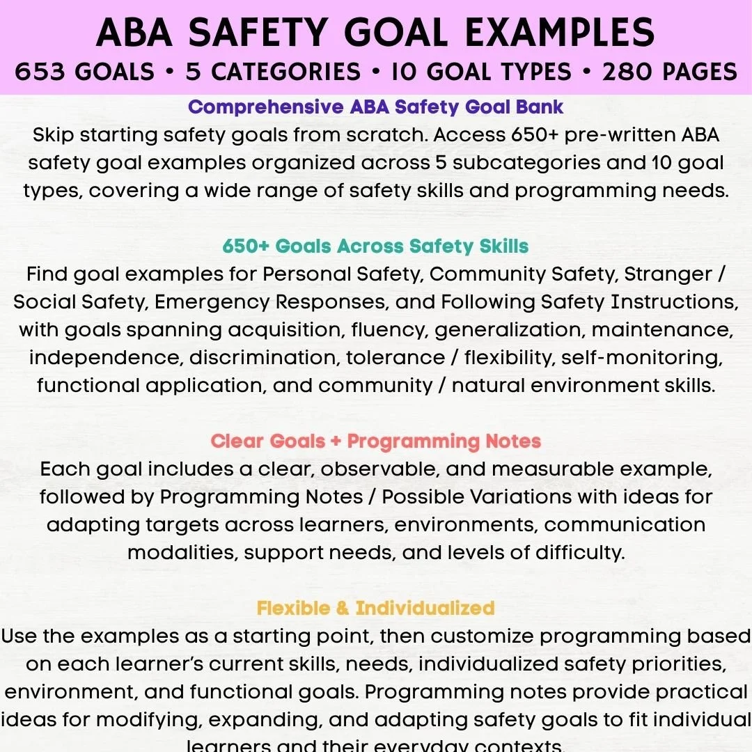 aba safety goals, aba safety instructions, aba community safety, aba goal bank, bcba goal bank, aba goal bank pdf