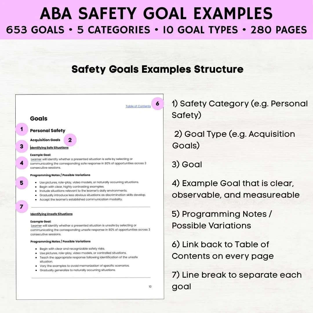aba safety goals, aba safety instructions, aba community safety, aba goal bank, bcba goal bank, aba goal bank pdf