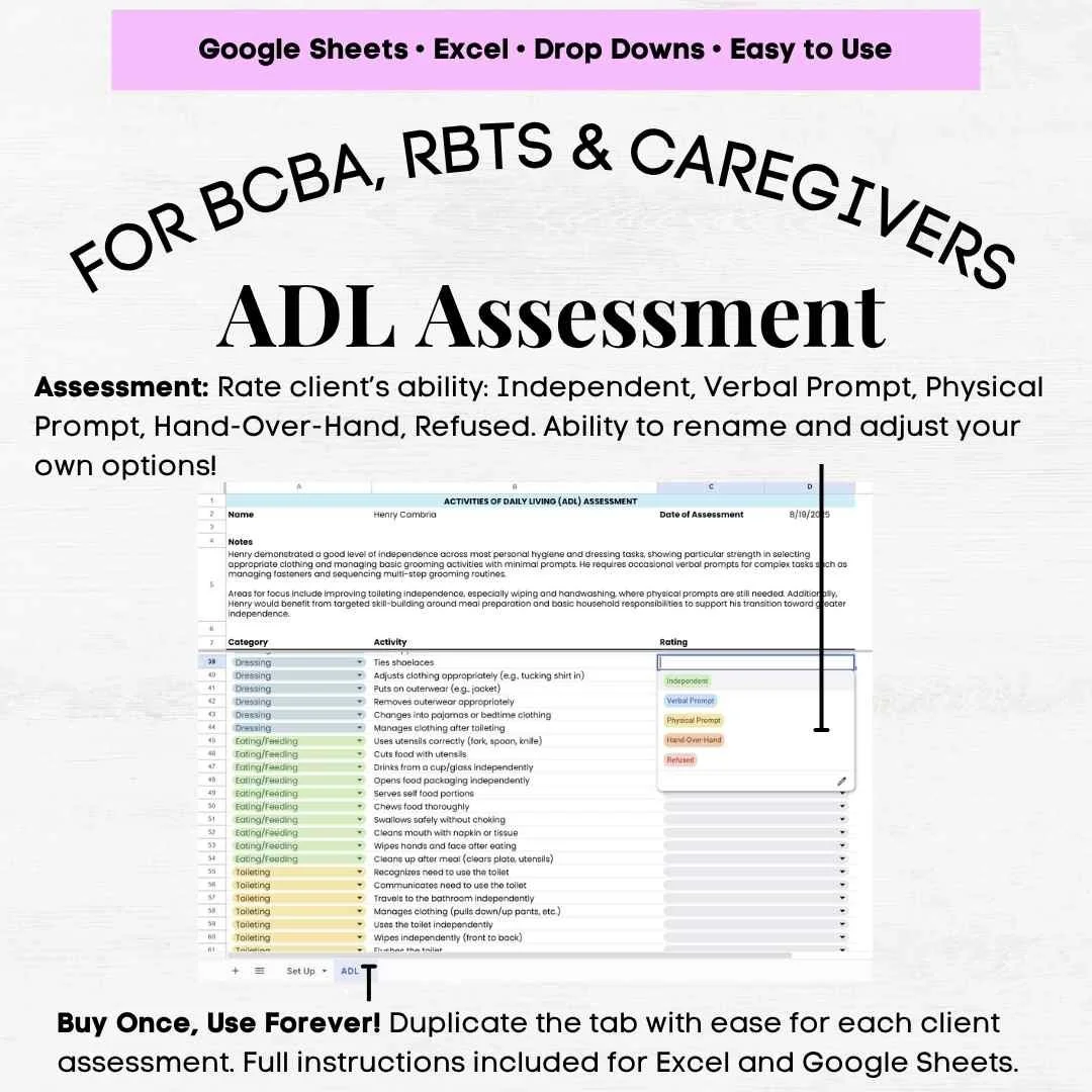 ADL Assessment Tool, Activities of Daily Living Assessment Tool, adl form, adl assessment form, adl checklist