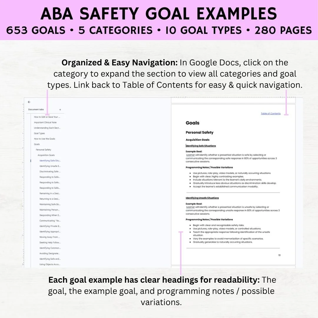 aba safety goals, aba safety instructions, aba community safety, aba goal bank, bcba goal bank, aba goal bank pdf
