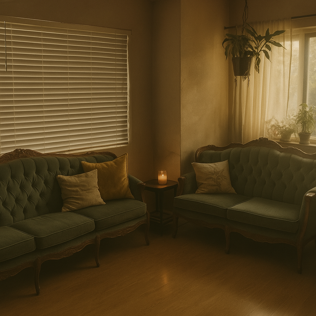 Cozy living room with vintage sofas, decorative pillows, a lit candle on a small table, hanging plant, window blinds, and sunlight through curtains.