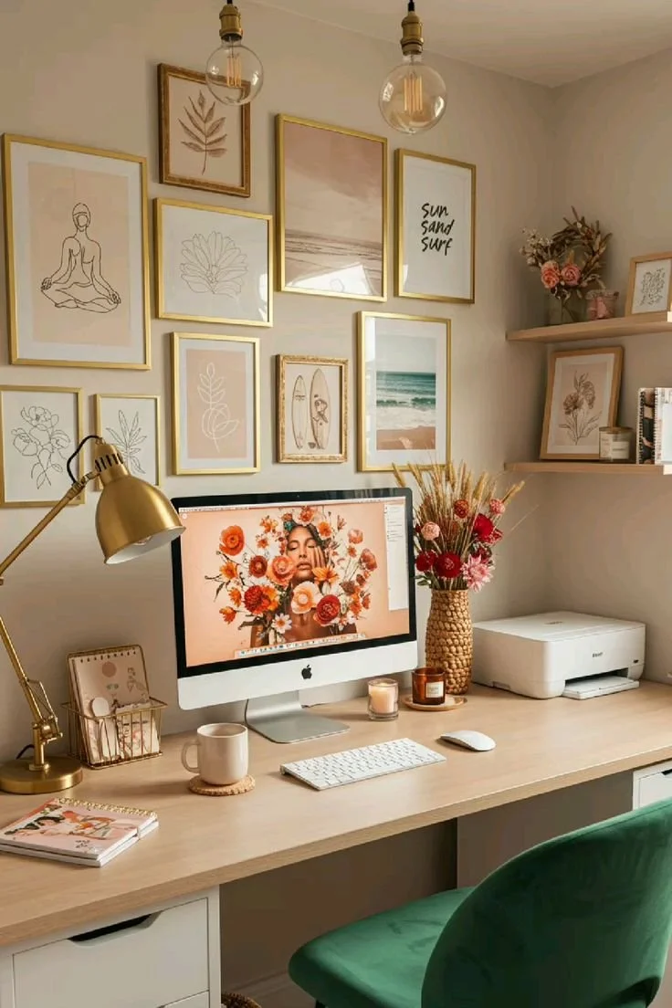 Home office desk with an iMac displaying a floral portrait, gold desk lamp, books, candle, and pink flowers. Wall decor includes framed art and botanical prints, and a white printer.