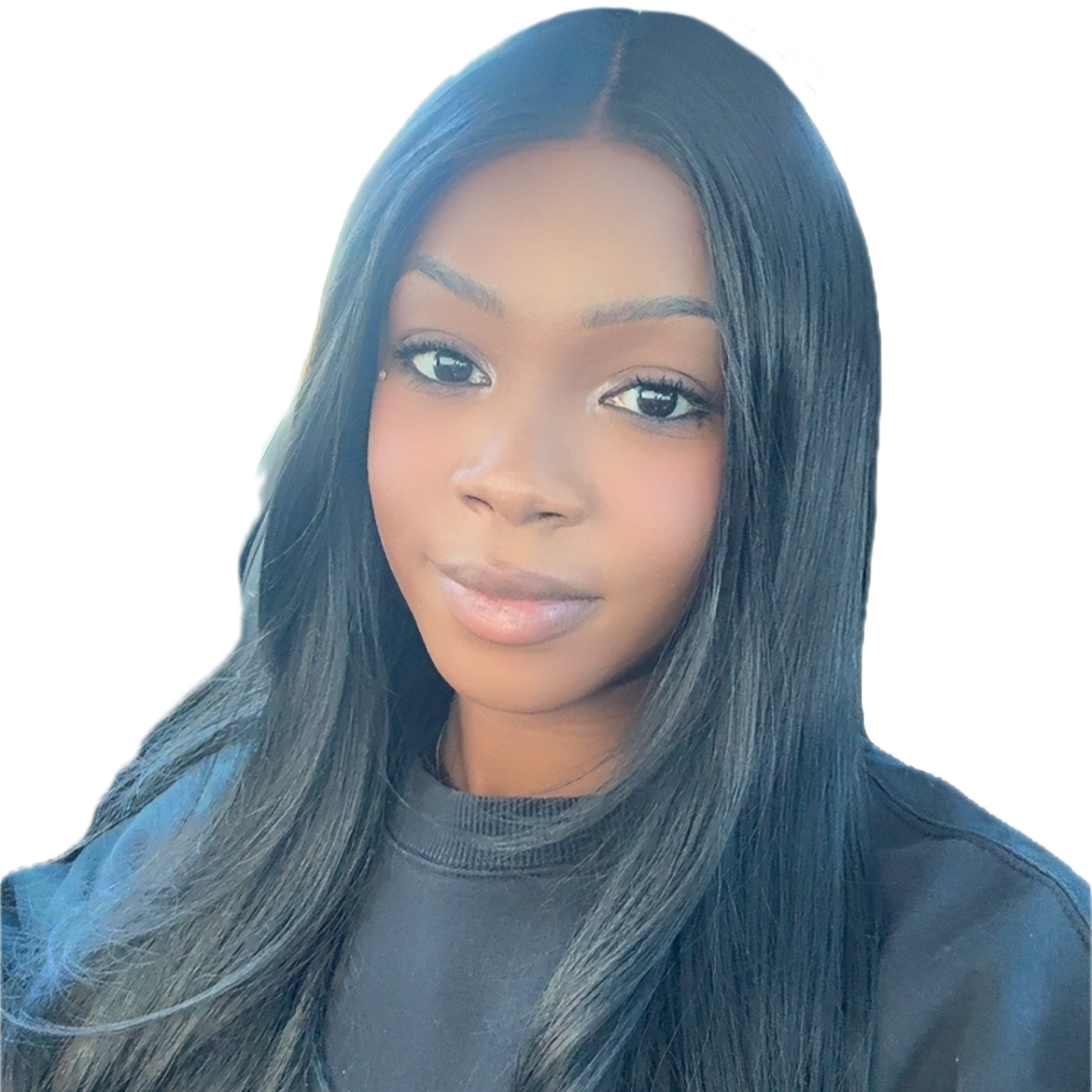 Close-up portrait of a young woman with long black hair, wearing a black top, smiling softly at the camera.