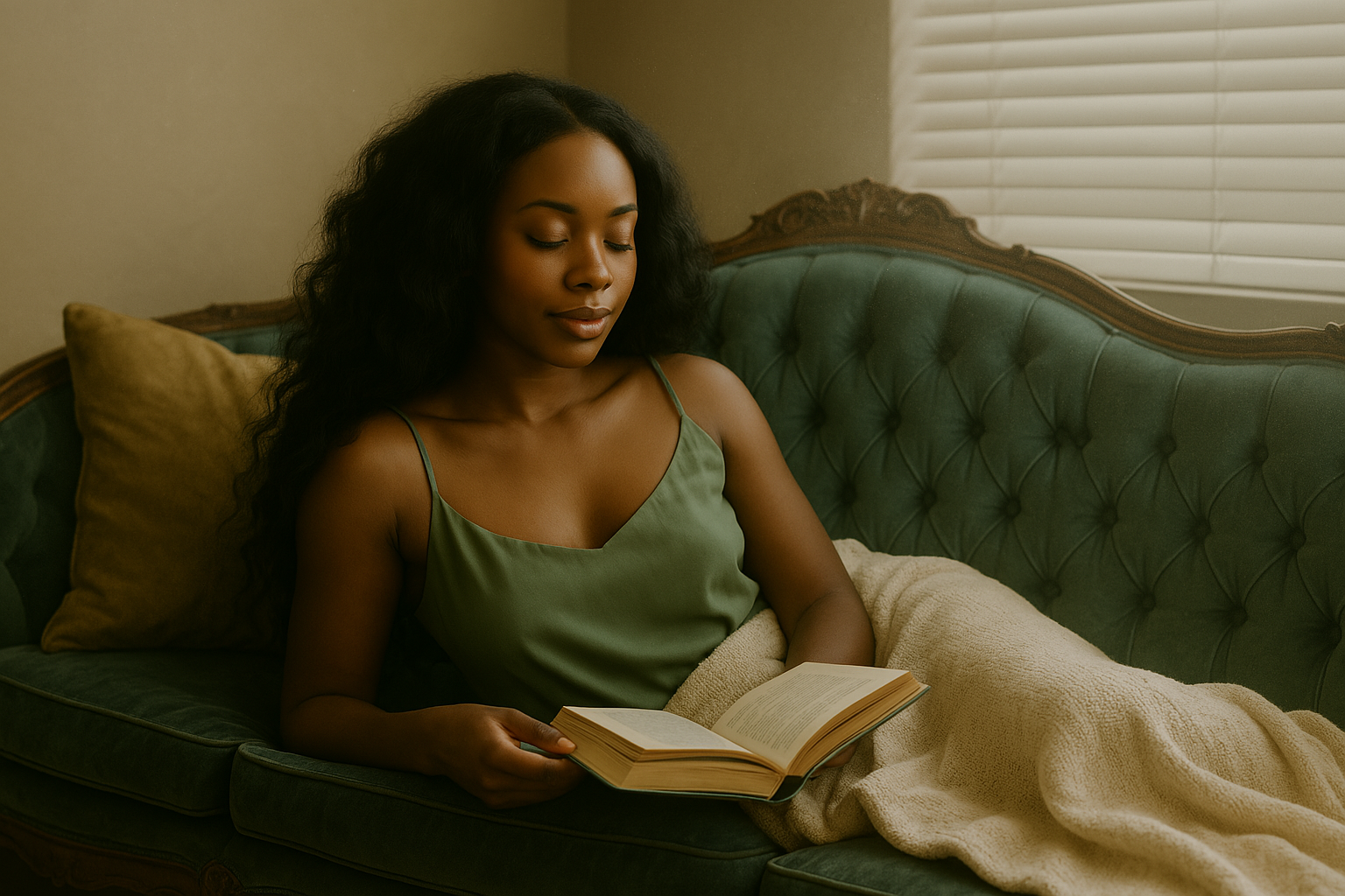 Woman in green dress reading a book on a couch