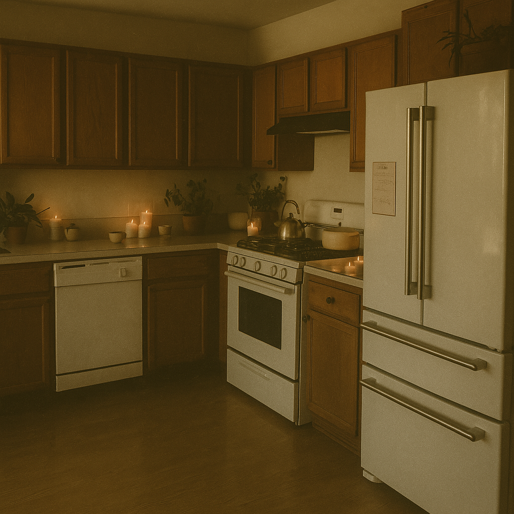 Cozy kitchen interior with wooden cabinets, white appliances including stove and refrigerator, countertops decorated with candles and potted plants, and a kettle on the stove.