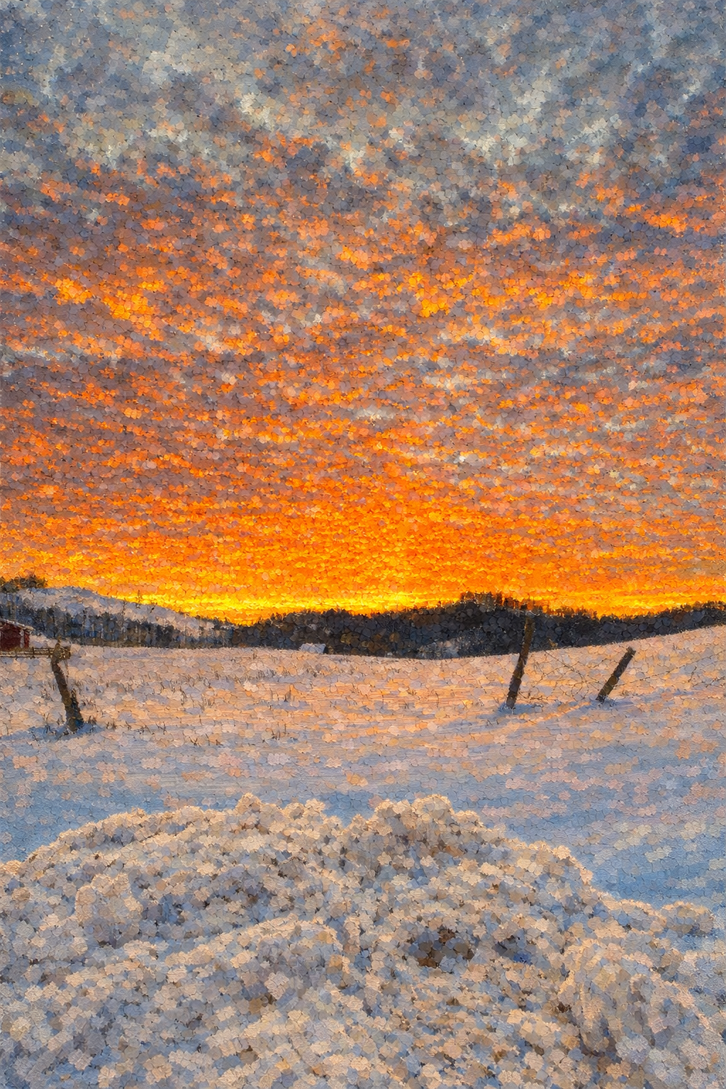 Watercolor type painting of a sunset at the oddfellow manor in elkins wv