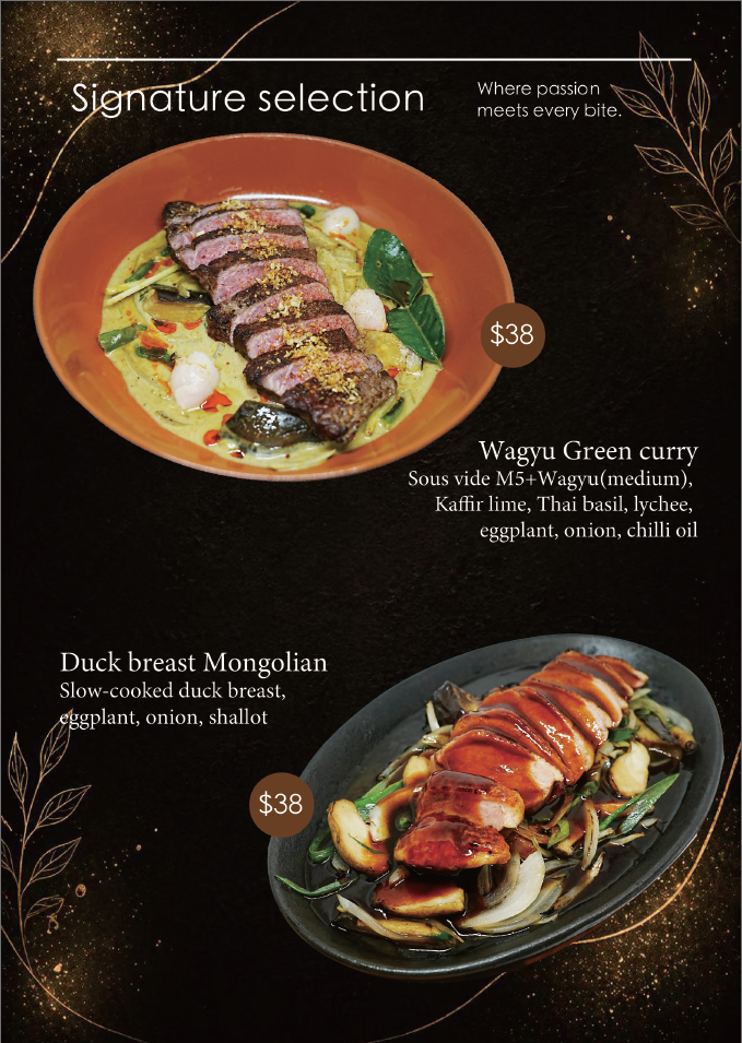 A restaurant menu featuring two dishes: Wagyu Green Curry with sliced beef on a bed of green vegetables, priced at $38; and Duck Breast Mongolian with slow-cooked duck, vegetables, and sauce, also priced at $38. The background is black with elegant gold and white accents.