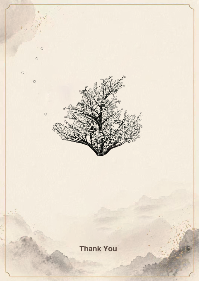 A thank you card featuring a watercolor-style mountain range at the bottom and a single tree branch in black ink floating above. The card has a simple, elegant design with a beige background and a thin border.