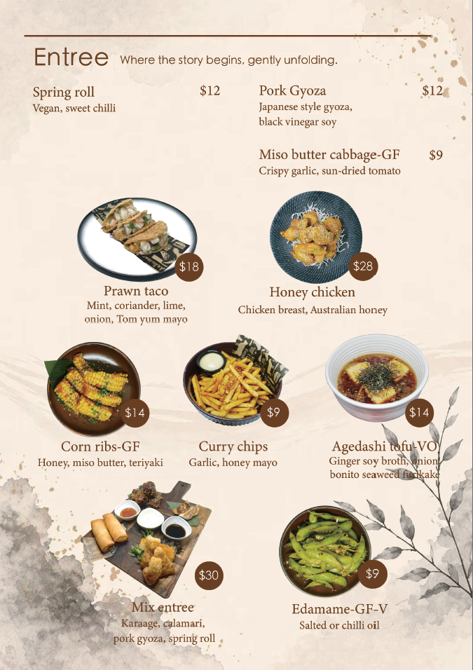 Menu featuring Asian-inspired dishes including spring roll, pork gyoza, miso butter cabbage, honey chicken, prawn taco, corn ribs, curry chips, agedashi tofu, mix entrée, and edamame. Prices range from $9 to $30.
