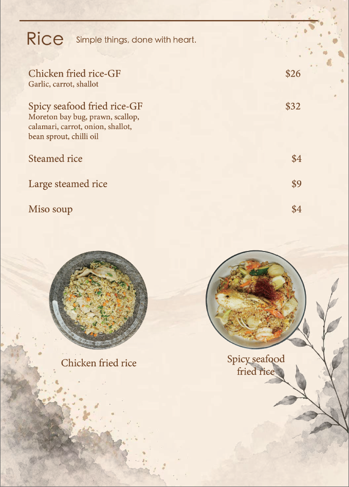 Menu featuring rice dishes with images of chicken fried rice and spicy seafood fried rice. Chicken fried rice is in a dark bowl, spicy seafood fried rice is in a white bowl with garnishes. Prices listed for each dish.