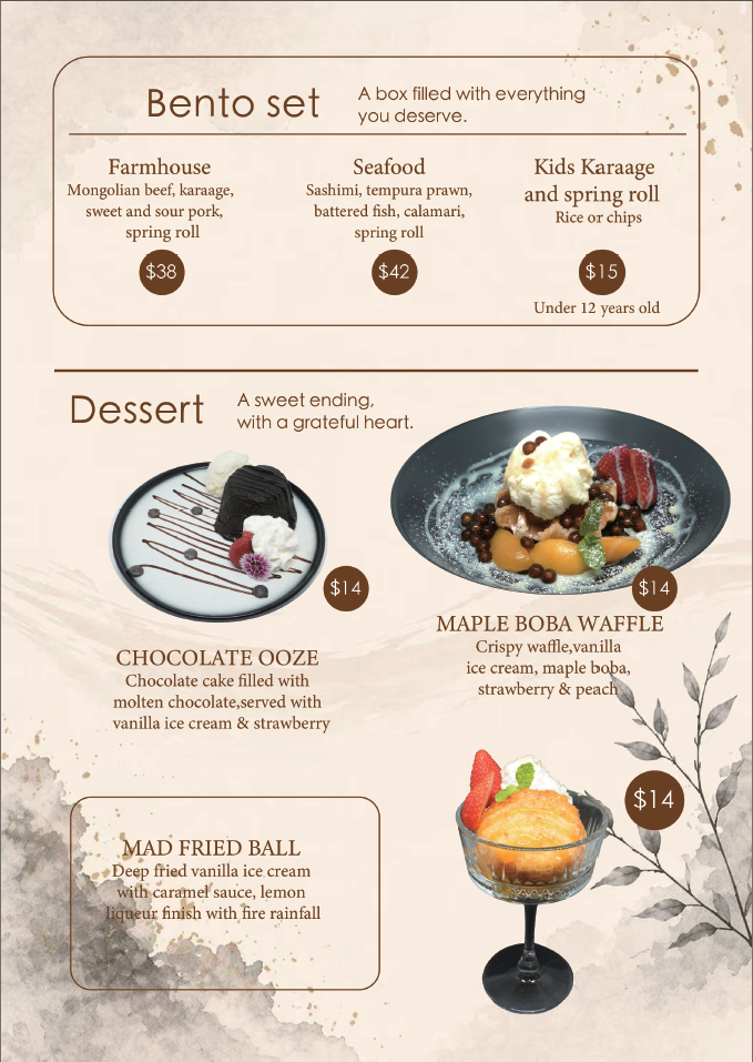 Menu showcasing a bento set with three options: Farmhouse, Seafood, and Kids Karaage and Spring Roll, with prices $38, $42, and $15. Desserts include Chocolate Ooze, Maple Boba Waffle, and Mad Fried Ball, all priced at $14.