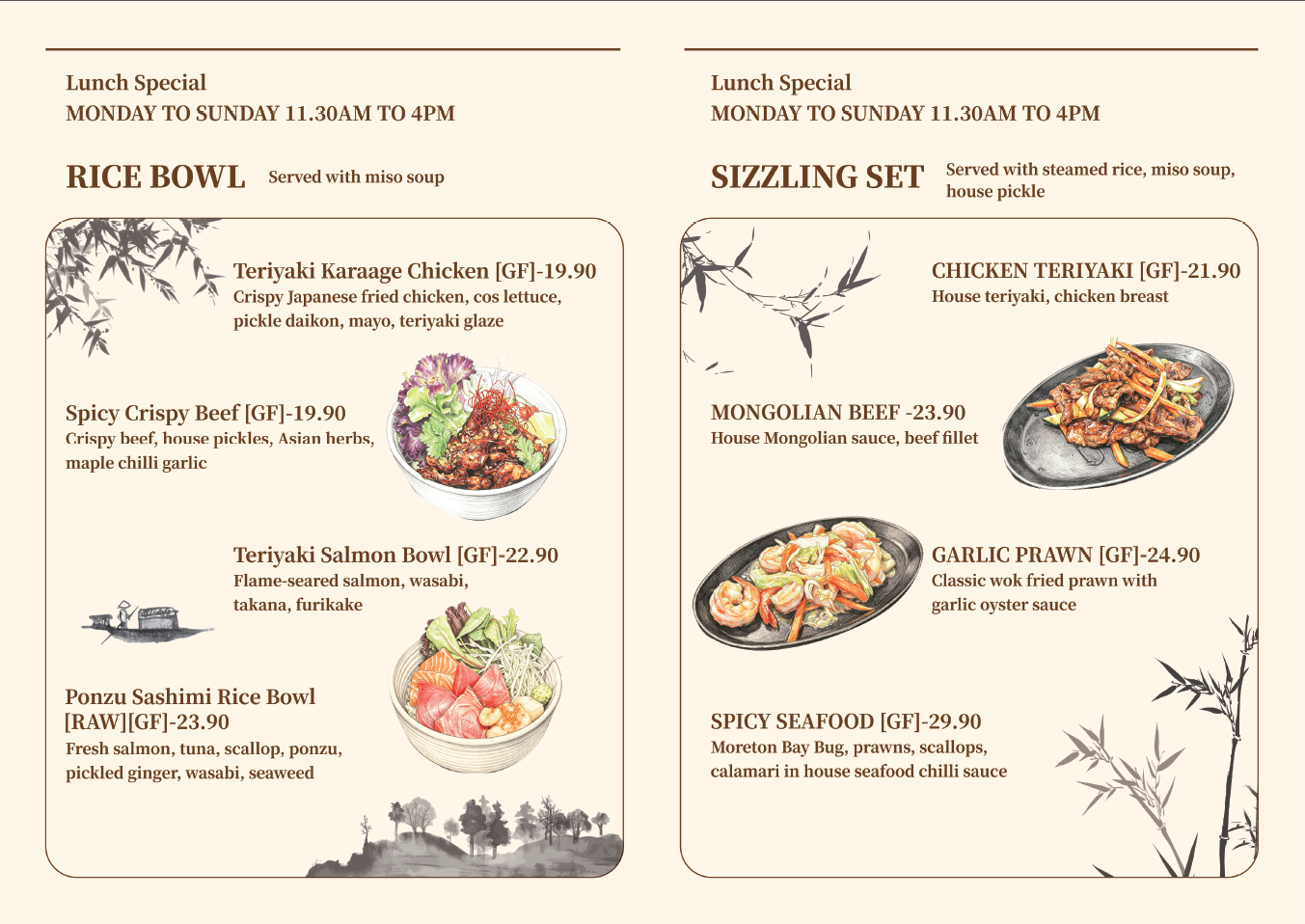 Restaurant menu featuring lunch specials available Monday to Sunday from 11:30 am to 4 pm. The left side offers rice bowls with options like Teriyaki Karaage Chicken, Spicy Crispy Beef, Teriyaki Salmon Bowl, and Ponzu Sashimi Rice Bowl. The right side features a sizzling set with Chicken Teriyaki, Mongolian Beef, Garlic Prawn, and Spicy Seafood, all served with respective sides.