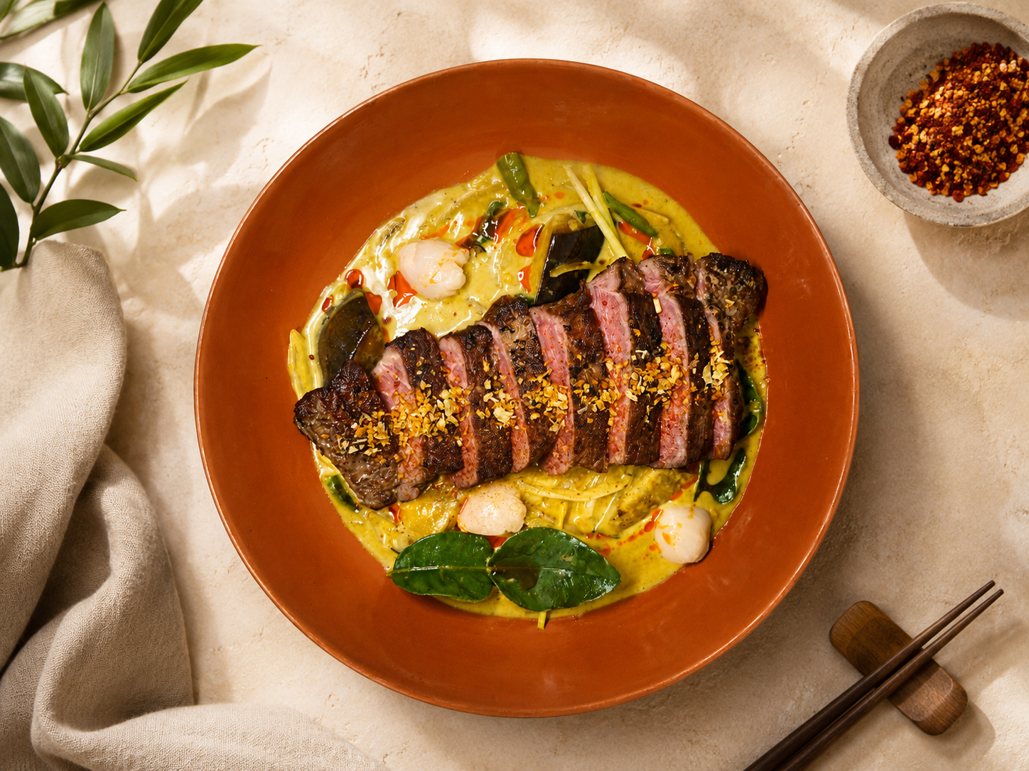 Sliced grilled steak over a bed of yellow curry with vegetables and herbs, served in an orange bowl, with a small dish of red pepper flakes nearby.